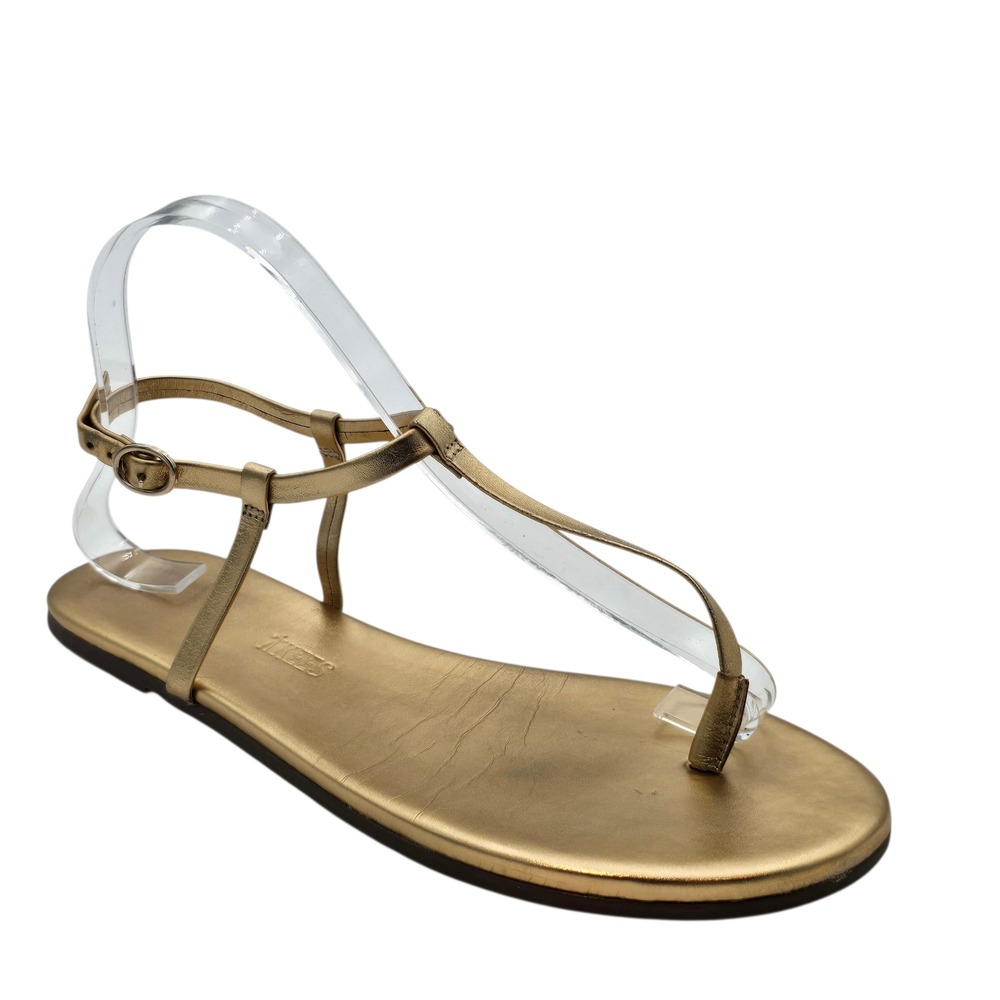 TKEES Jo Gold Metallic Leather T-Strap Ankle Buckle Thong Sandal Women 8 Brazil